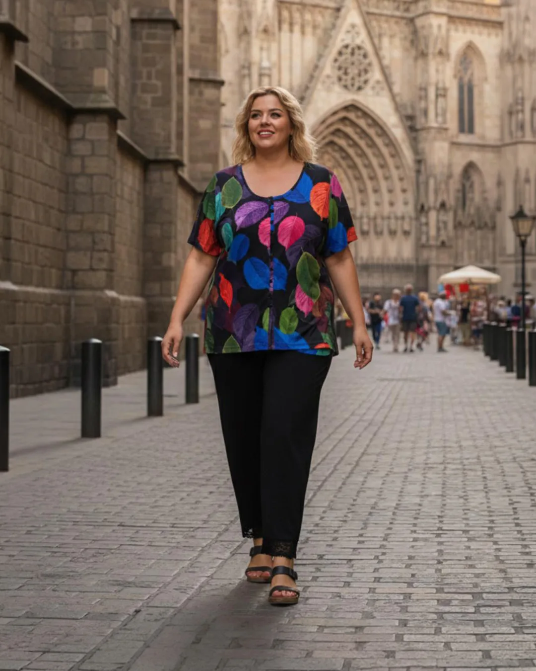 Blusa con estampado de hojas multicolor en talla grande