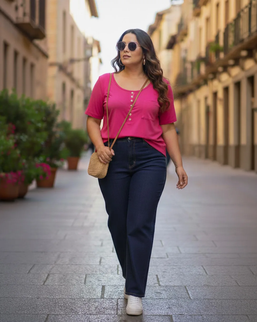 Camiseta fucsia con botones y vaqueros rectos en talla grande