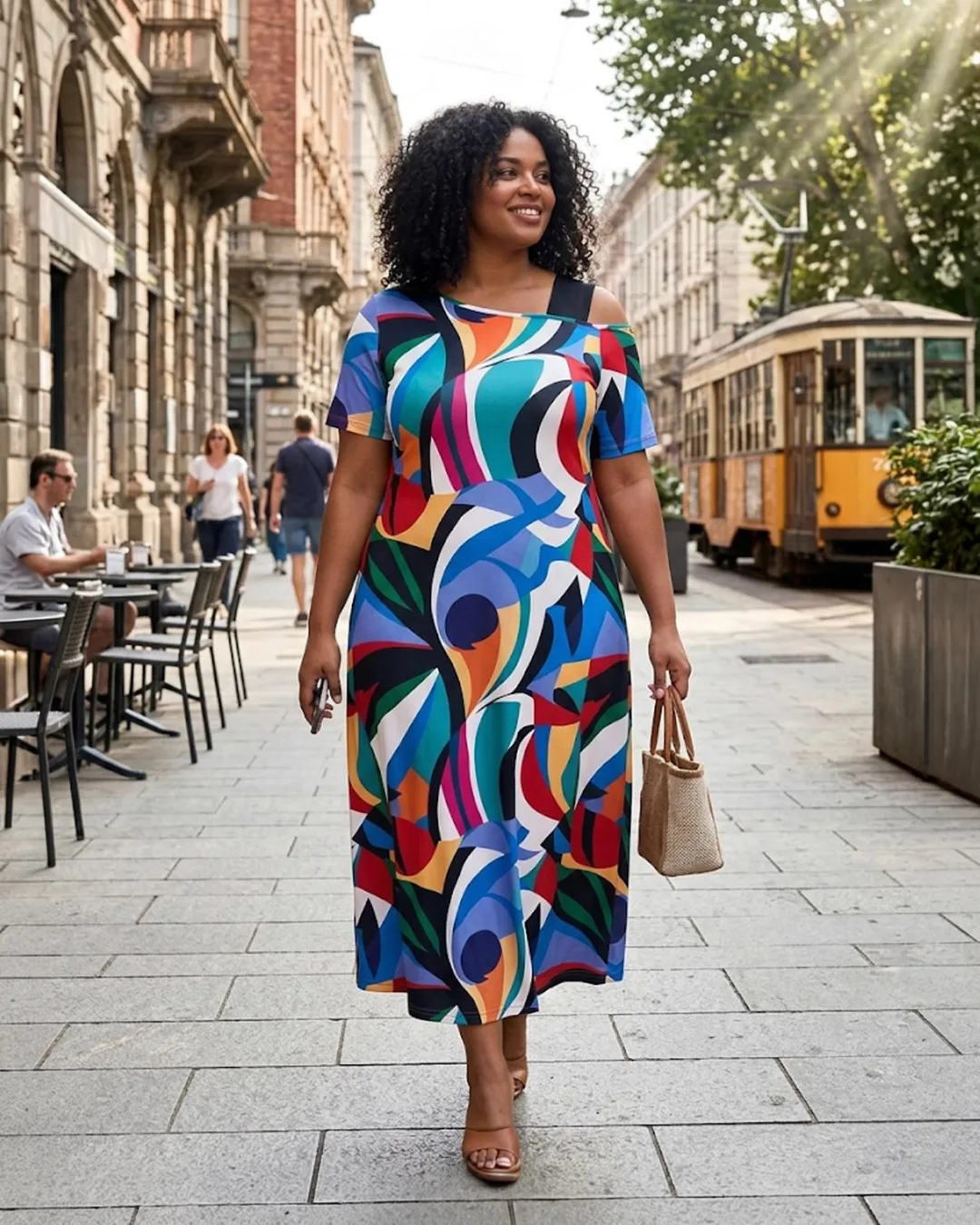 Vestido largo de talla grande con estampado abstracto multicolor