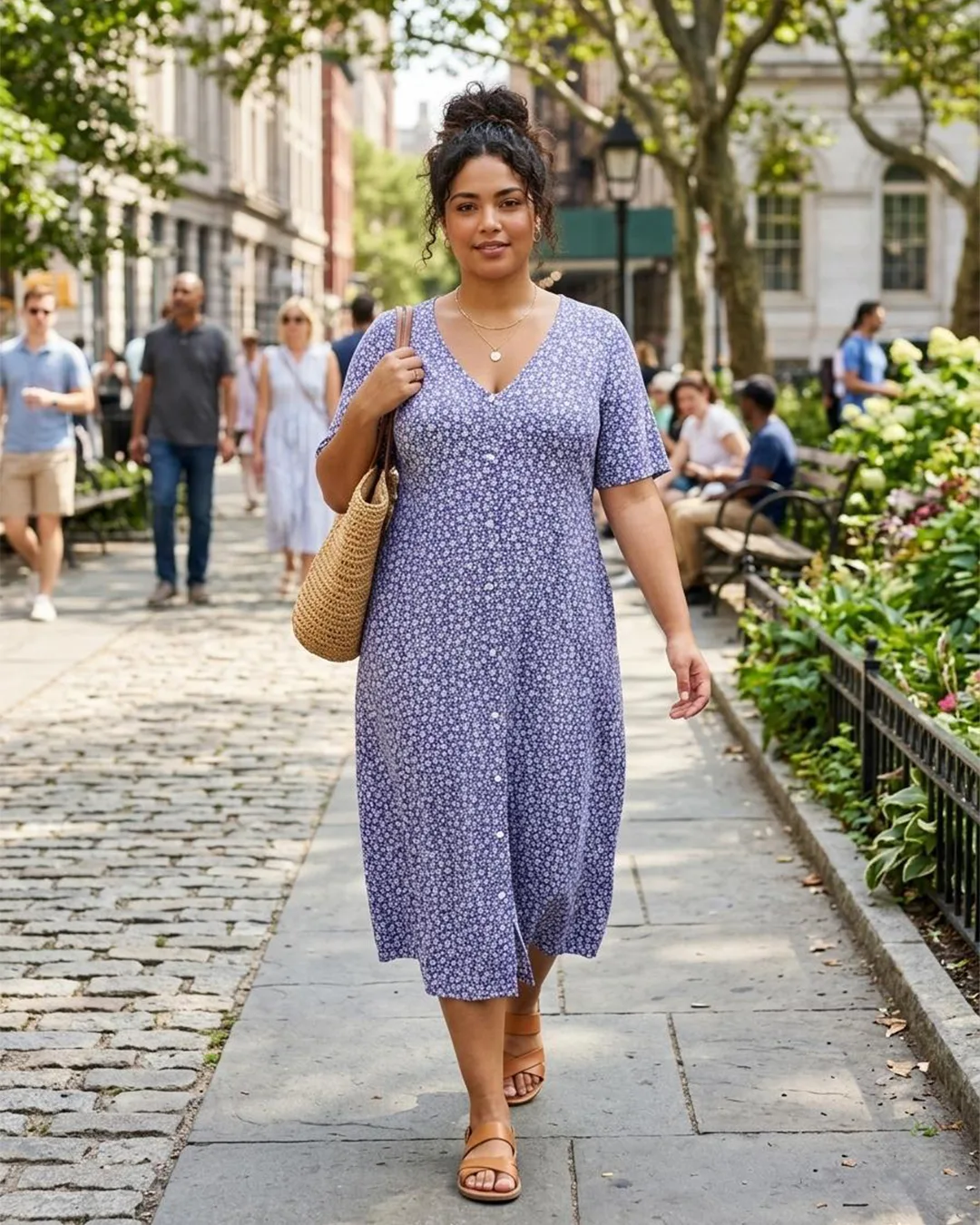 Vestido midi azul de flores con bolso de rafia en talla grande