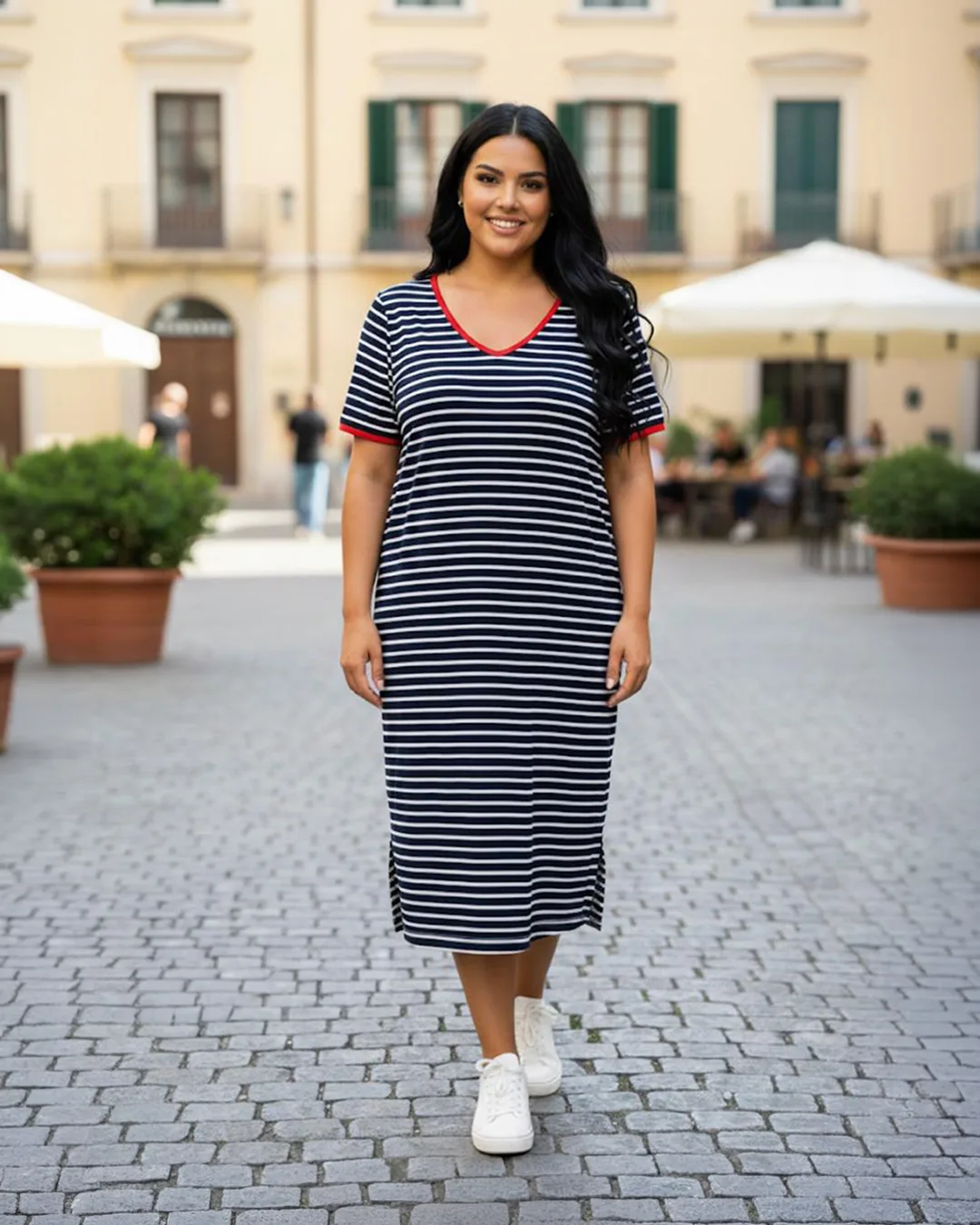 Vestido midi azul marino de rayas con detalle rojo en talla grande